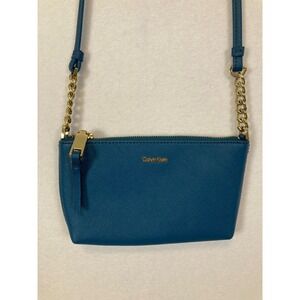 Calvin Klein Crossbody Bag Womens Small Teal Blue Saffiano Leather Gold Chain